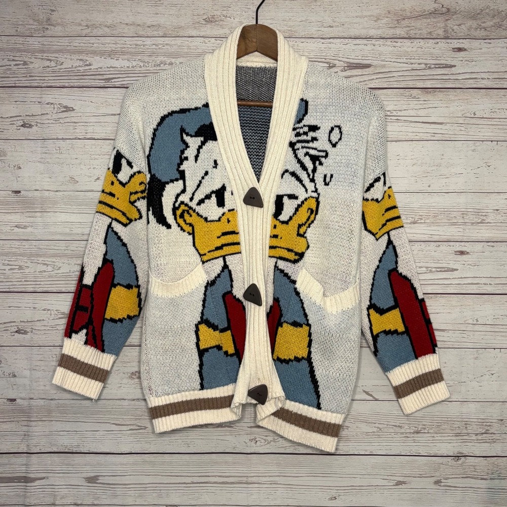 Vintage Donald Duck Intarsia Knit Cardigan Shawl Collar Cream Multi Color